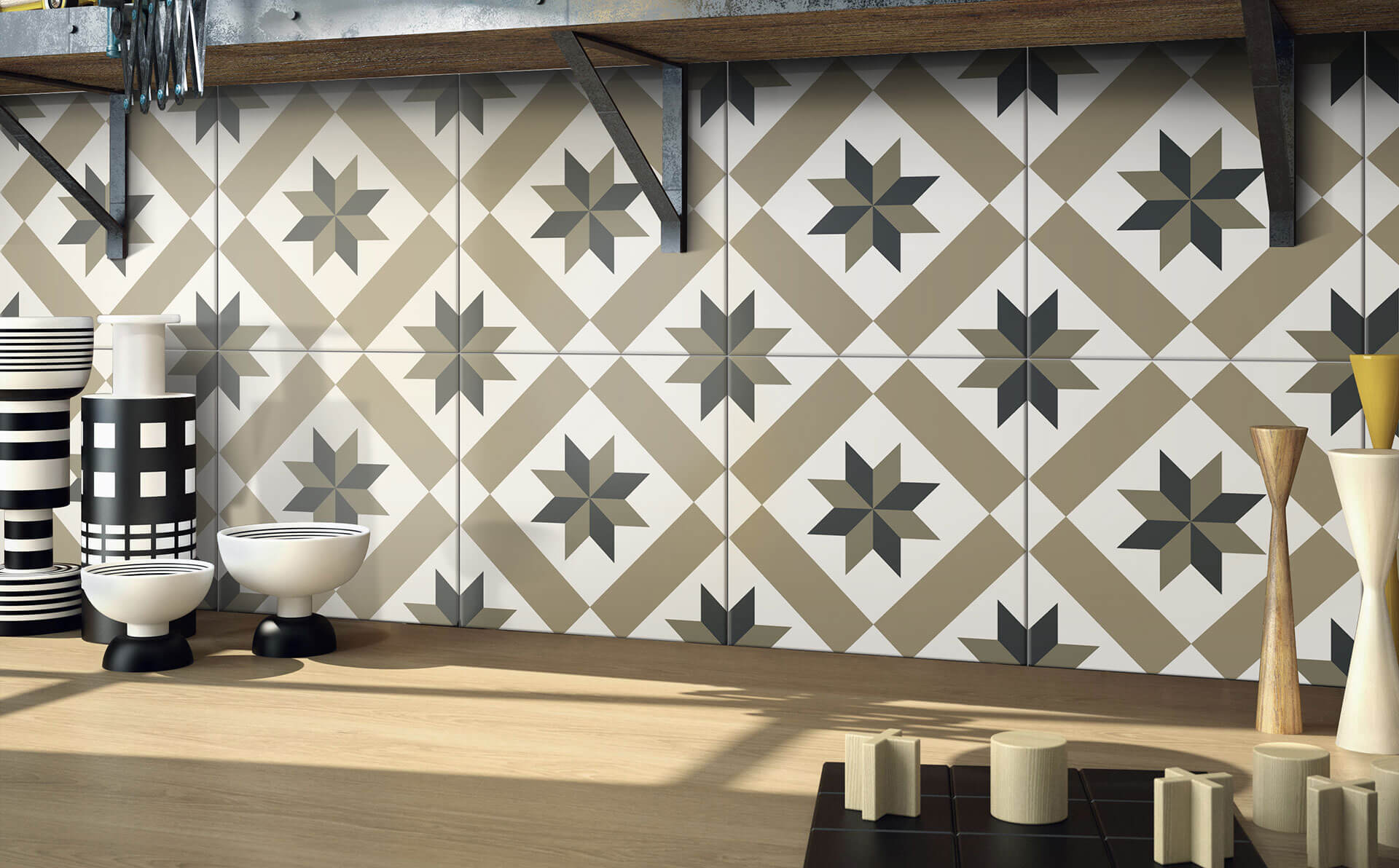 Bold Moroccan geometric wall tiles with high-contrast patterns used in an interior setting by Timex Ceramic