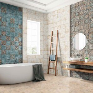 Intricate Moroccan mandala-pattern wall tiles creating a decorative bathroom feature by Timex Ceramic