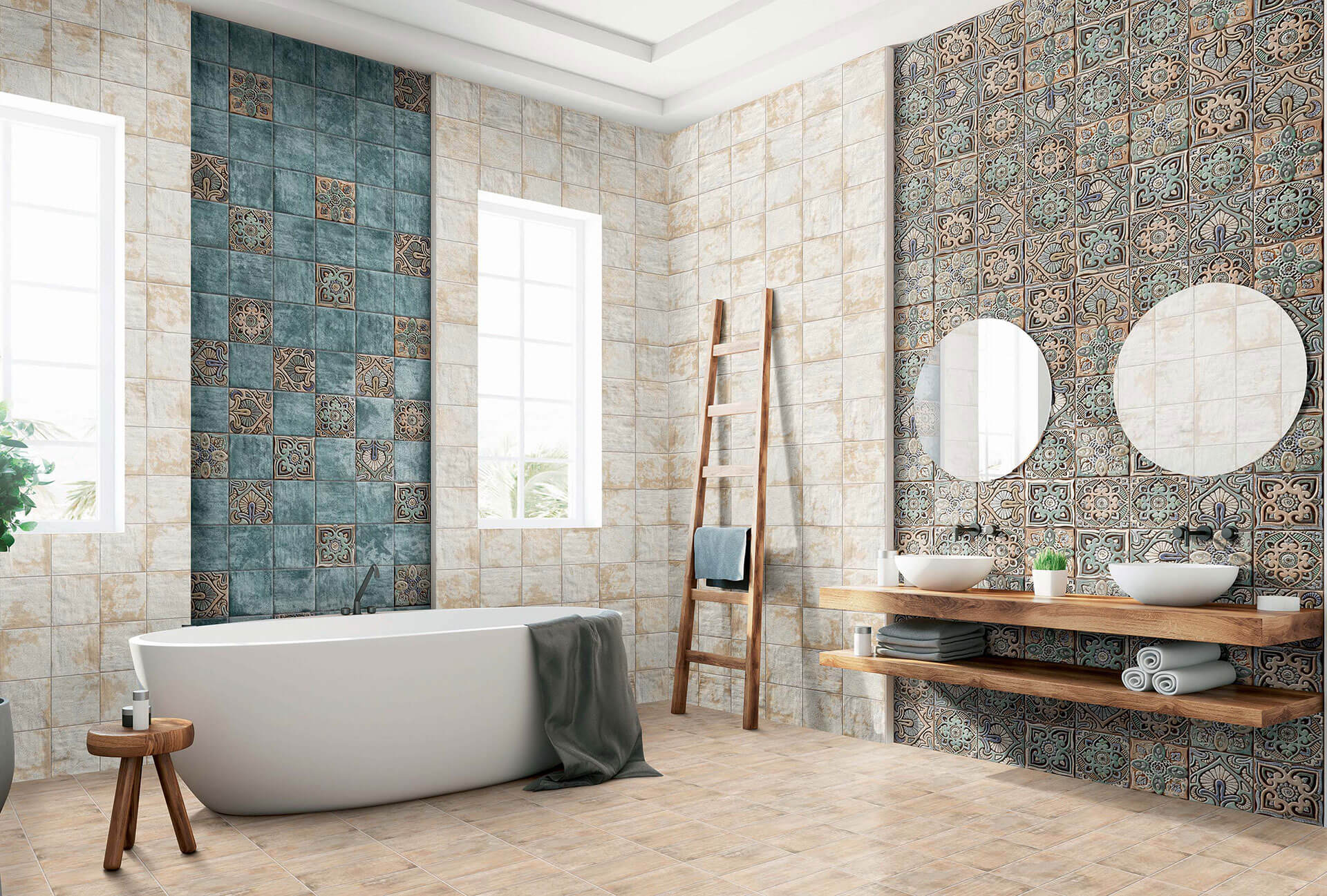 Intricate Moroccan mandala-pattern wall tiles creating a decorative bathroom feature by Timex Ceramic