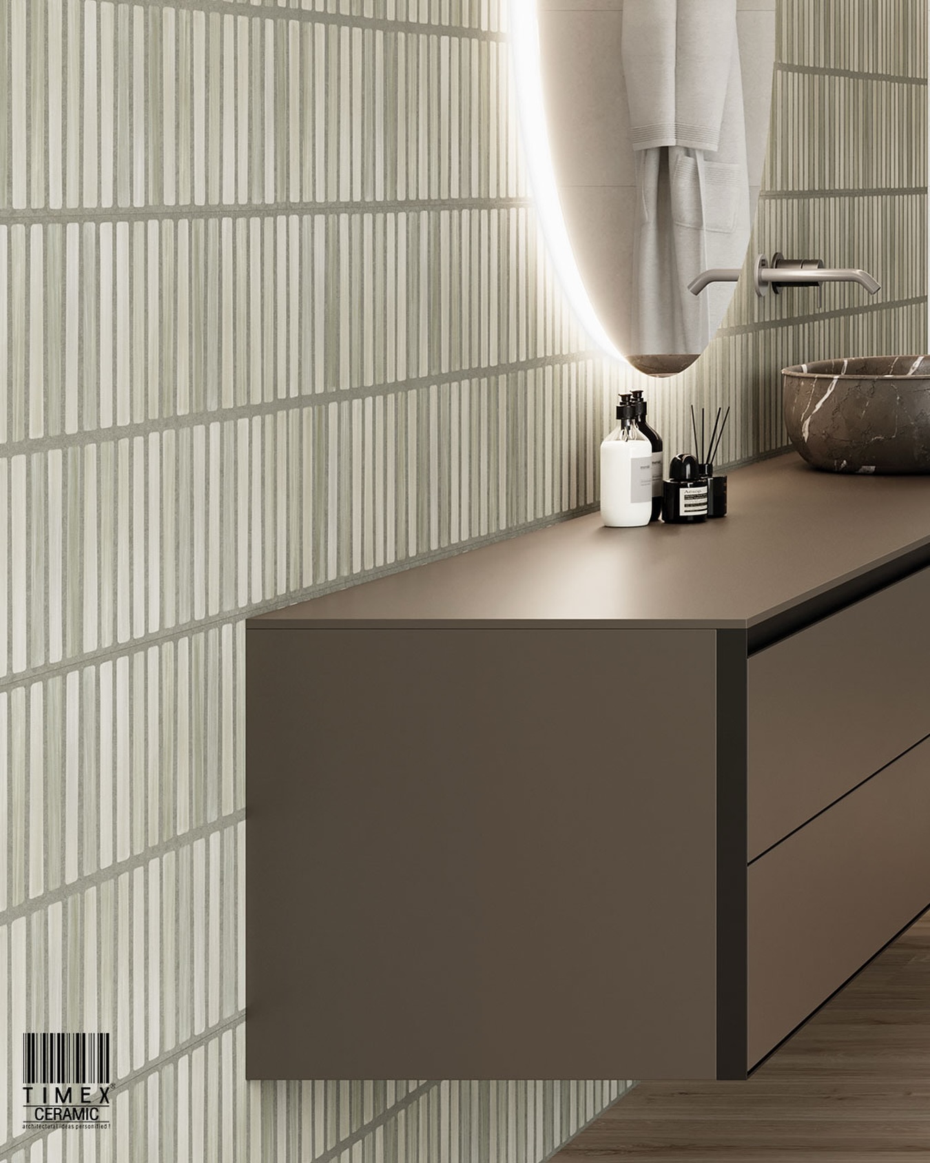 A softer take on linear texture.
Pigmentia pairs fine vertical detailing with a muted green-grey palette, giving the wall a subtle layered look. In this bathroom, the texture works beautifully against the warm vanity and stone basin.
Clean, tactile and easy to work into contemporary spaces.
#TimexCeramic #PigmentiaSeries #TexturedTiles #WallTiles #BathroomDesign