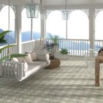 Moroccan patterned floor tiles with soft geometric motifs creating a relaxed veranda setting by Timex Ceramic