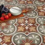 Moroccan vintage-style patterned floor tiles with earthy tones used in a kitchen space by Timex Ceramic