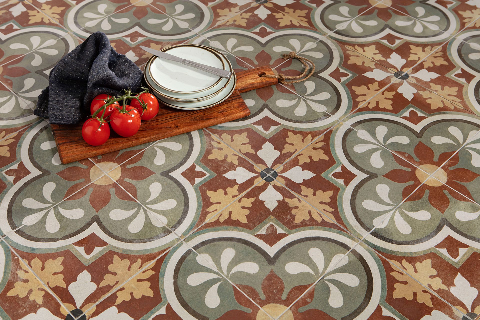 FS Barna Series 2 Moroccan vintage-style patterned floor tiles with earthy tones used in a kitchen space by Timex Ceramic