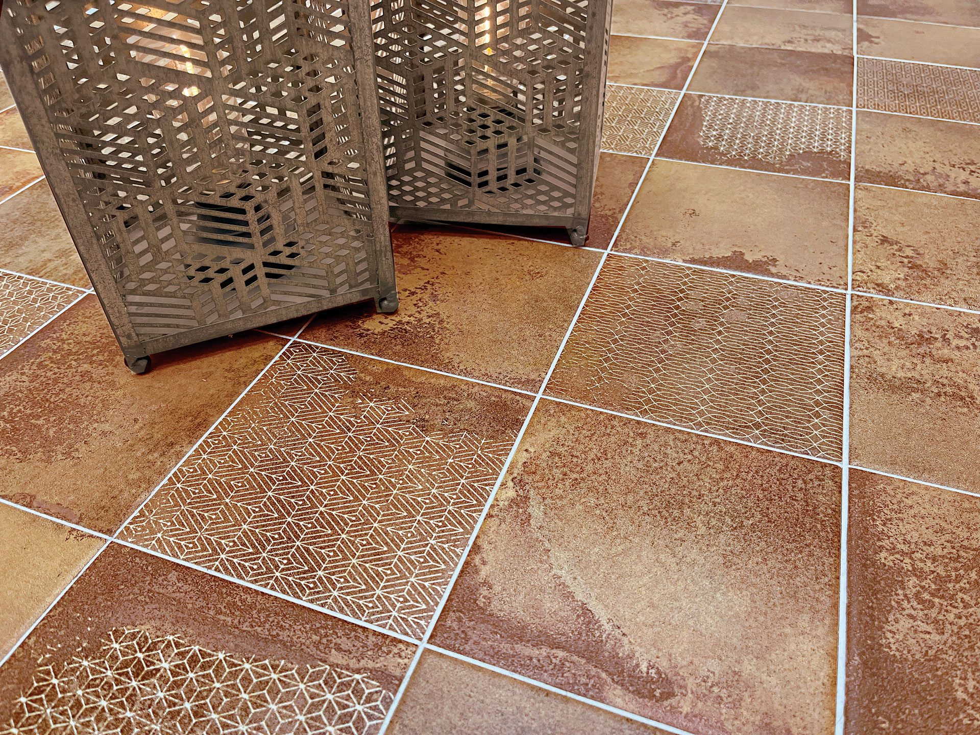 Moroccan textured floor tiles with subtle geometric detailing used in an outdoor setting by Timex Ceramic