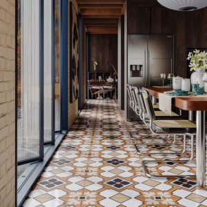 Moroccan geometric floor tiles with warm earthy patterns used in a contemporary dining space by Timex Ceramic