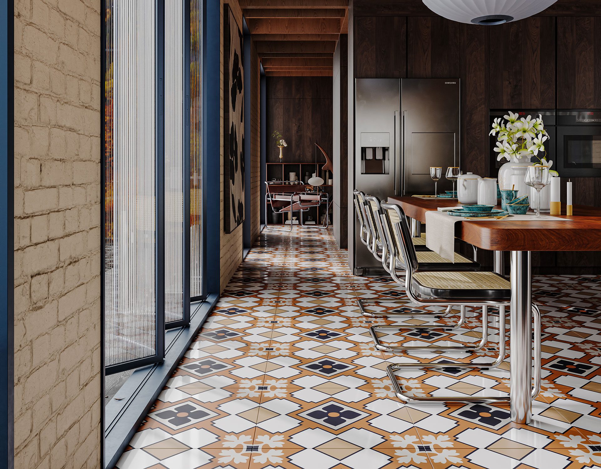 Moroccan geometric floor tiles with warm earthy patterns used in a contemporary dining space by Timex Ceramic