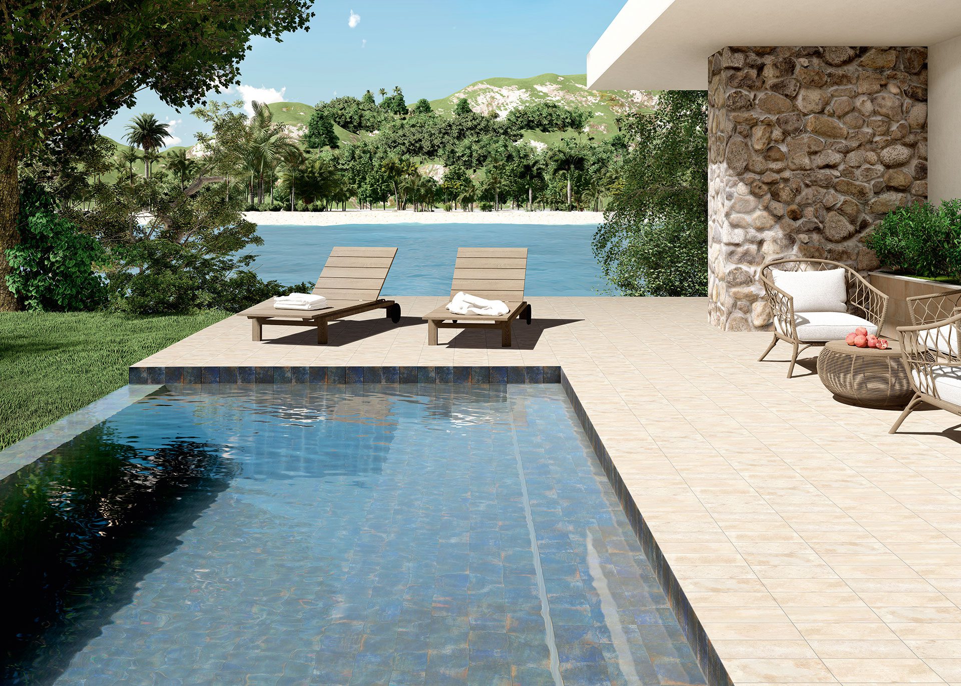 Moroccan blue patterned tiles creating a refreshing poolside floor design by Timex Ceramic