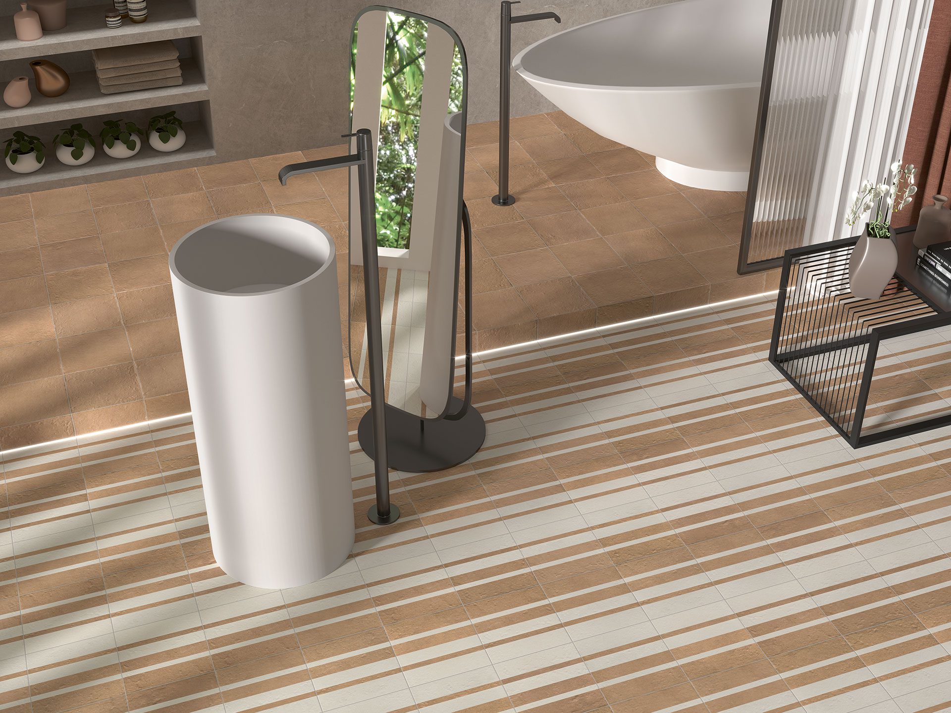 Moroccan linear-pattern ceramic floor tiles in warm neutral tones used in a modern bathroom by Timex Ceramic