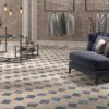 Moroccan geometric floor tiles with a classic pattern used in a stylish living room by Timex Ceramic