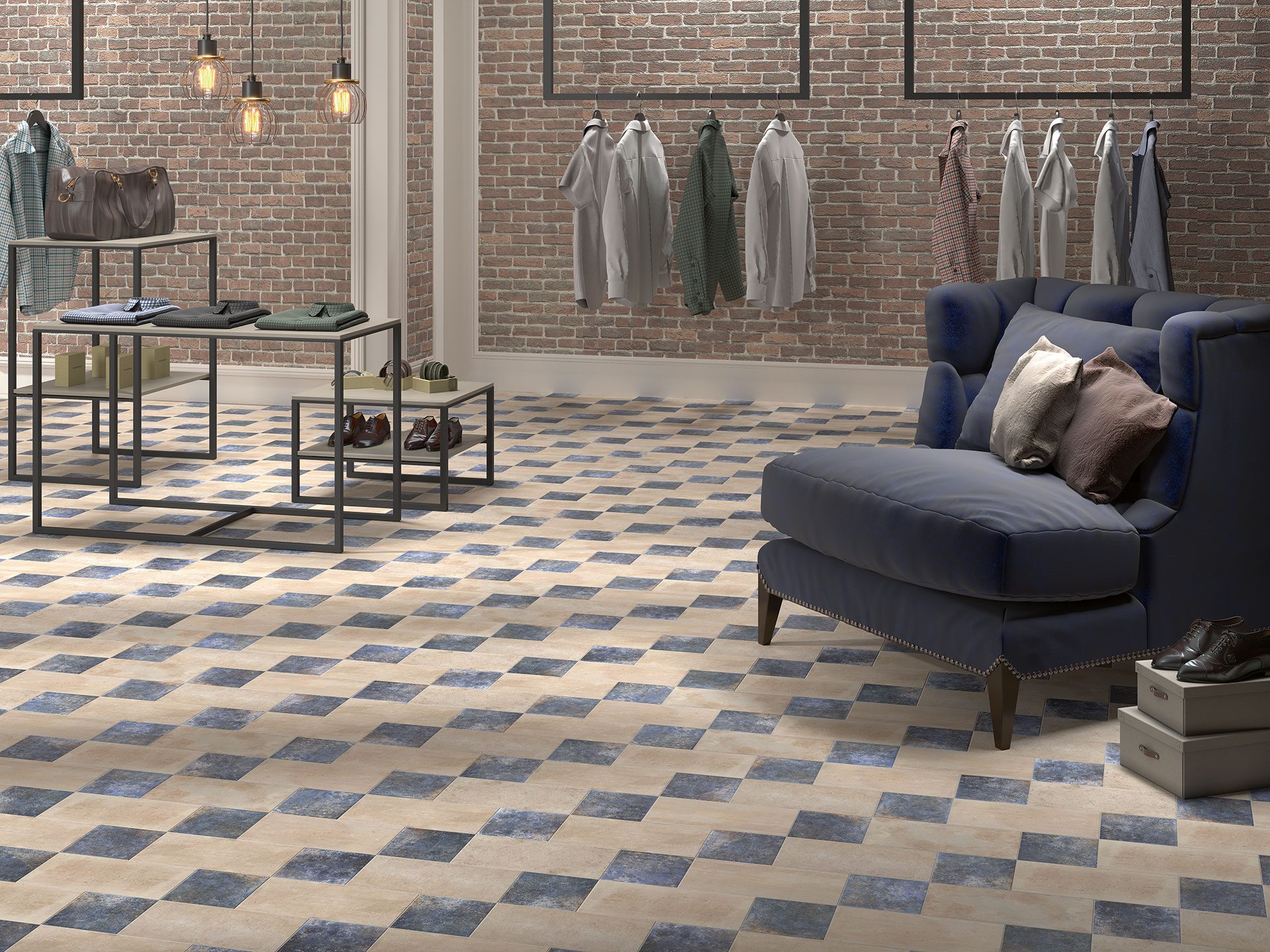 Moroccan geometric floor tiles with a classic pattern used in a stylish living room by Timex Ceramic