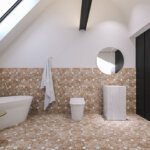 Moroccan octagonal stone-look floor tiles in warm neutral tones used in a modern bathroom by Timex Ceramic