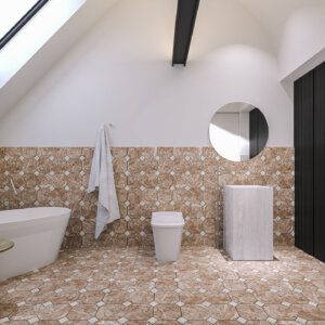 Moroccan octagonal stone-look floor tiles in warm neutral tones used in a modern bathroom by Timex Ceramic