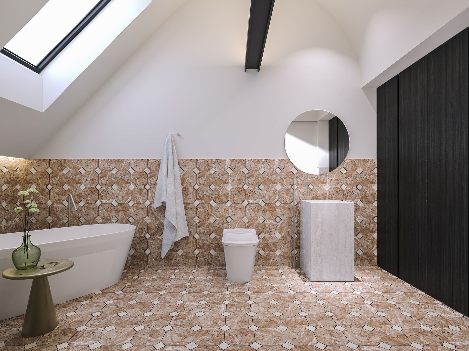Moroccan octagonal stone-look floor tiles in warm neutral tones used in a modern bathroom by Timex Ceramic