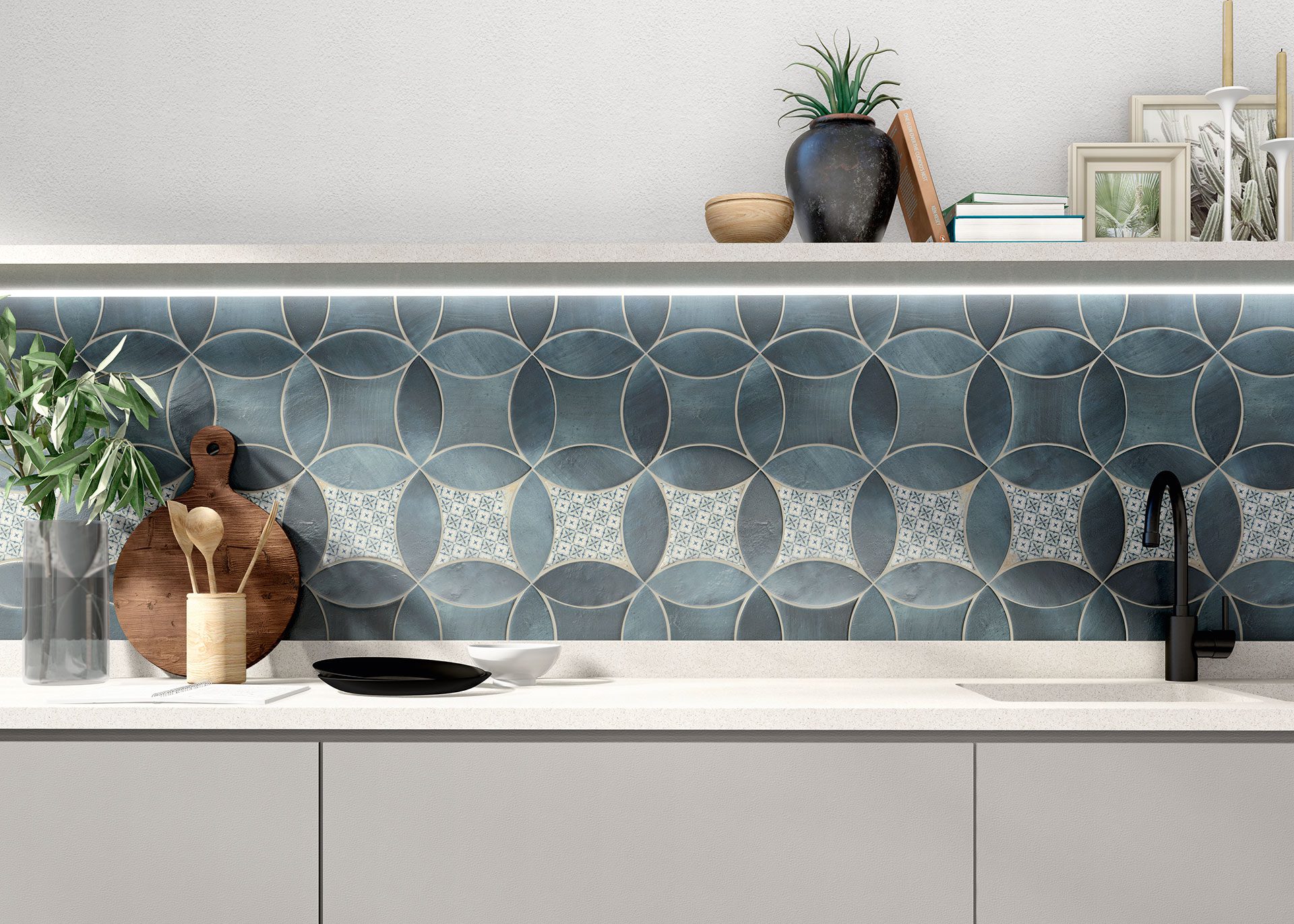 Moroccan geometric wall tiles with a handcrafted look used as a kitchen backsplash by Timex Ceramic