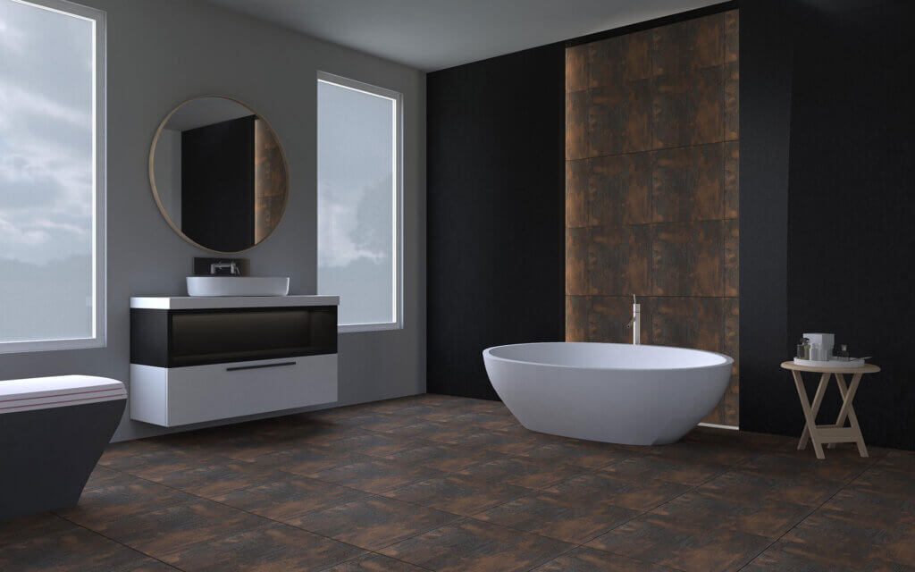 Terbio Cobre patina porcelain tiles with aged copper tones used on bathroom floor and walls
around bathtub and vanity.