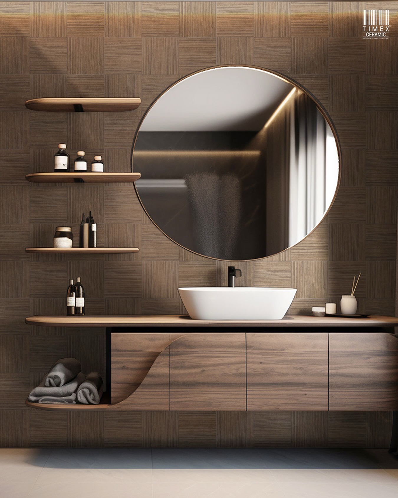 Wood, with a more architectural expression.
The Delormo Series brings the warmth and character of wood into tile through a rich mocha-brown colour and a detailed linear grain. Delormo Pira Mocha has a naturally varied surface that gives the wall visual depth while keeping the overall palette warm and understated.
The vertical grain creates a strong sense of direction across the 200 × 200 mm format. Rather than replicating the look of a traditional wood plank, the square tile allows the grain to become part of the overall composition, creating a structured and contemporary surface.
The mocha tone works particularly well with walnut, dark wood, brushed metal and neutral stone. In this bathroom, the tile creates a warm backdrop for the vanity while the repeated grain adds texture without introducing a busy pattern.
A wood-look tile that brings warmth through colour, grain and format.
Delormo Pira Mocha
Finish: Wood-look textured
Application: Wall / Floor
Size: 200 × 200 mm
#TimexCeramic #DelormoSeries #DelormoPiraMocha #WoodLookTiles #BrownTiles